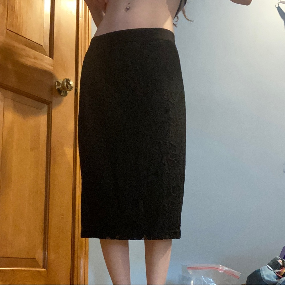 Black floral lace midi skirt